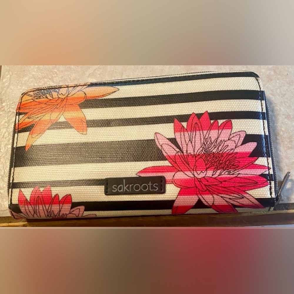 Sakroots Black and White Striped Wallet with Pink and Orange Floral Design